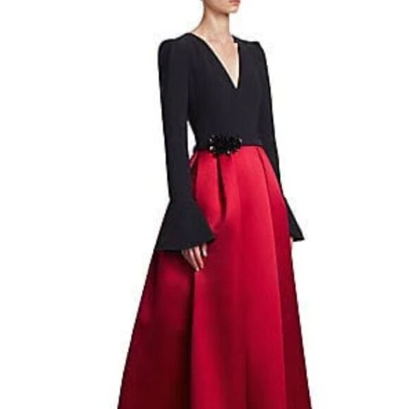 Theia V-Neck Long Sleeve Embellished Waist Box Pleat Crepe Mikado Gown, size 2 - Picture 2 of 12